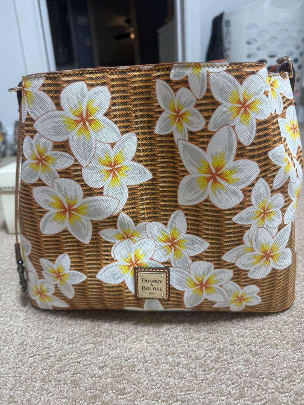 Dooney & Bourke Brown Shoulder Bag with White and Yellow Floral Print
